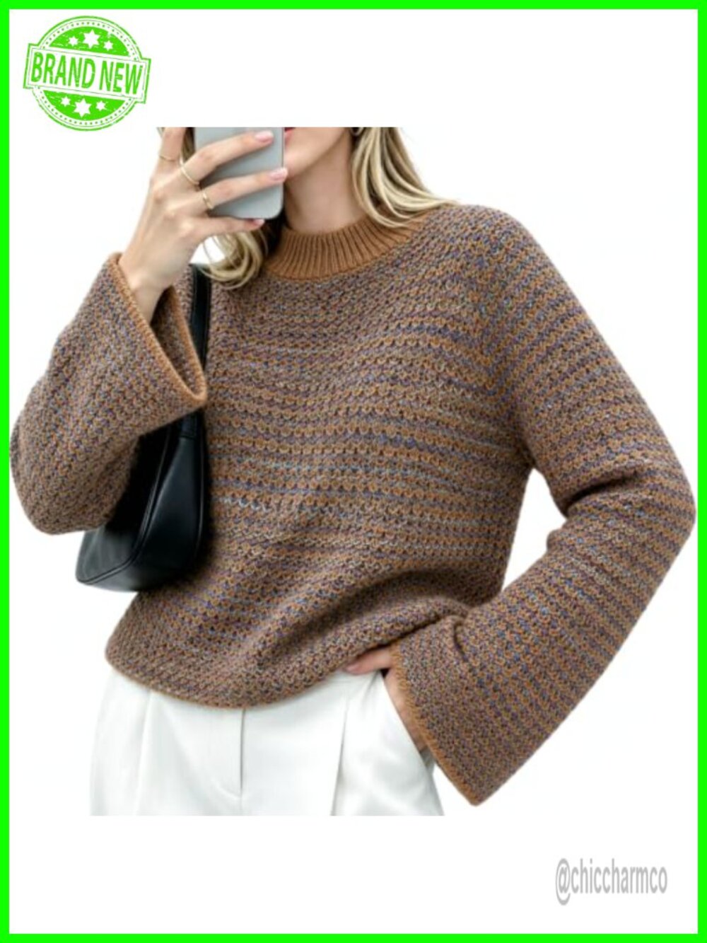 Women's Chunky Knit Sweater Mock Neck Pullover Retro Print Long Sleeve Cozy